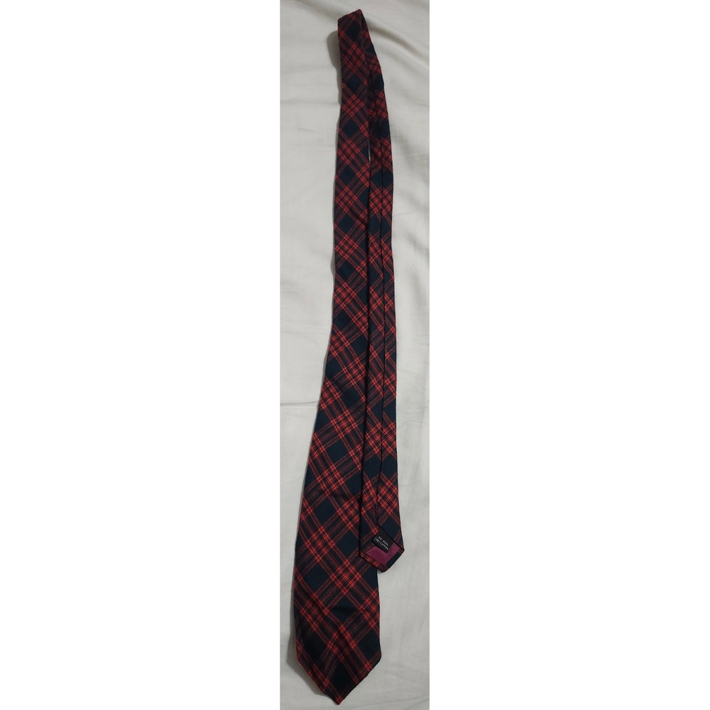 Michael Reed Designer Collection Red Navy Blue Plaid Wool Cotton Blend Necktie - Picture 3 of 5